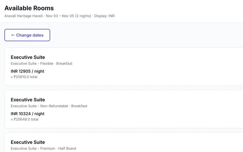 RevNext Booking Engine available rooms page listing room types, rate plans, nightly rates, and totals