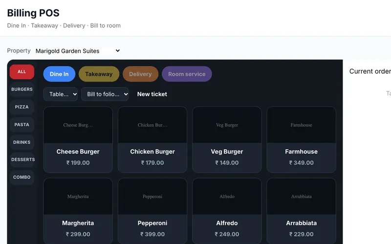 RevNext Cloud POS billing terminal with menu categories, item grid, and current order panel